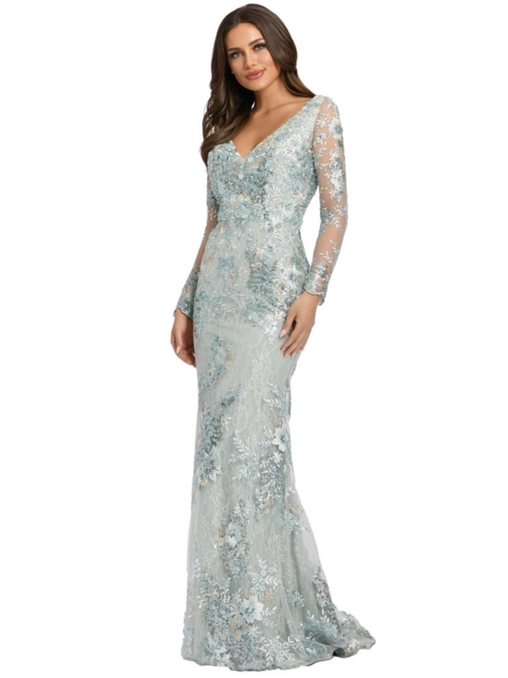 MAC DUGGAL Embellished V-Neck Illusion Long Sleeve Gown NEW Size 8 Seamist Dress